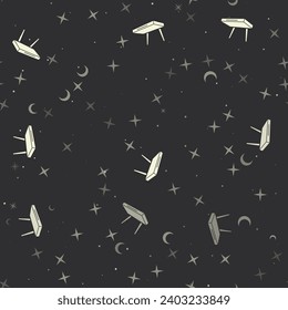 Seamless pattern with stars, router symbols on black background. Night sky. Vector illustration on black background
