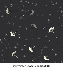 Seamless pattern with stars, rowan berrys on black background. Night sky. Vector illustration on black background