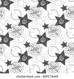 Seamless pattern with stars and sacred geometry.Icon with new hippie love sign.Intricate mix of  hippie peace sign, heart shape and circles.Vector illustration for your design.Modern hipster insignia.