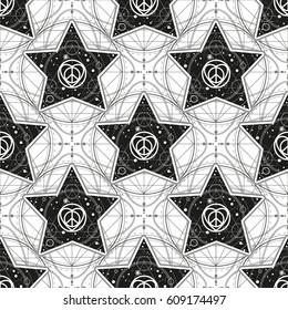 Seamless pattern with stars and sacred geometry.Icon with new hippie love sign.Intricate mix of  hippie peace sign, heart shape and circles.Vector illustration for your design.Modern hipster insignia.