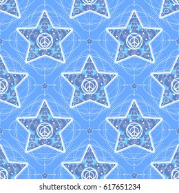 Seamless pattern with stars and sacred geometry.Icon with new hippie love sign.Intricate mix of  hippie peace sign, heart shape and circles.Vector illustration for your design.Modern hipster insignia.