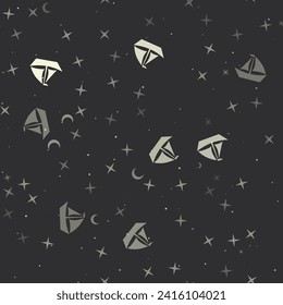 Seamless pattern with stars, sailing boat symbols on black background. Night sky. Vector illustration on black background