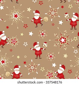 Seamless pattern with stars and Santa Claus, holiday vector illustration.