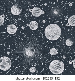 Seamless pattern with stars, satellites and other celestial bodies in outer space. Backdrop with planets orbiting sun hand drawn in black and white colors. Vector illustration in dotwork style.