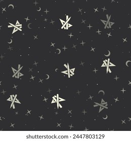 Seamless pattern with stars, school supplies symbols on black background. Night sky. Vector illustration on black background