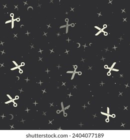 Seamless pattern with stars, scissors symbols on black background. Night sky. Vector illustration on black background