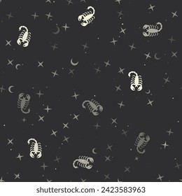 Seamless pattern with stars, scorpio symbols on black background. Night sky. Vector illustration on black background