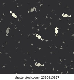 Seamless pattern with stars, sea horse symbols on black background. Night sky. Vector illustration on black background