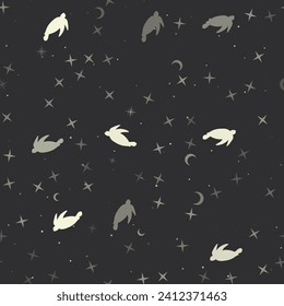 Seamless pattern with stars, sea turtle symbols on black background. Night sky. Vector illustration on black background