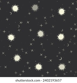 Patrón sin foco con estrellas, símbolos de erizos de mar sobre fondo negro. Cielo nocturno. Ilustración del vector sobre fondo negro