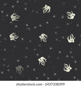 Patrón sin fisuras con estrellas, símbolos de algas sobre fondo negro. Cielo nocturno. Ilustración vectorial sobre fondo negro