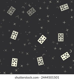 Seamless pattern with stars, seven of diamonds playing cards on black background. Night sky. Vector illustration on black background