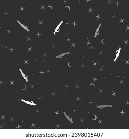 Patrón sin foco con estrellas, símbolos de bruja sexy sobre fondo negro. Cielo nocturno. Ilustración del vector sobre fondo negro