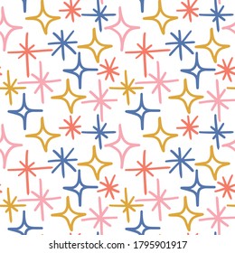A seamless pattern of stars in shades of pink, coral, blue, and gold.