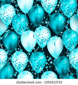 Seamless pattern with stars and shiny blue realistic 3D helium balloons for your design. Glossy balloons with glitter and ribbon, perfect background for birthday party brochures, invitation card.