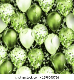 Seamless pattern with stars and shiny green realistic 3D helium balloons for your design. Glossy balloons with glitter and ribbon, perfect background for birthday party brochures, invitation card.