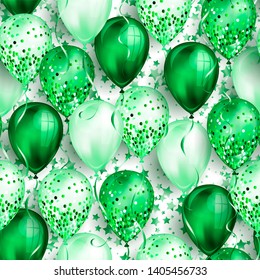 Seamless pattern with stars and shiny green realistic 3D helium balloons for your design. Glossy balloons with glitter and ribbon, perfect background for birthday party brochures, invitation card.