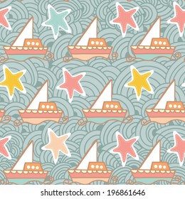 Seamless pattern with stars, ships and waves.  Seamless pattern. Vector backdrop. Bright pattern. Summer template. Use for wallpaper,pattern fills, web page background.