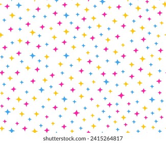 Seamless pattern with stars. Simple minimalistic pattern. Blue, pink and yellow stars on a white background. Design for wrapping paper, fabric.