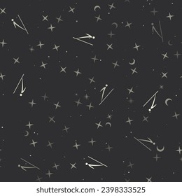 Seamless pattern with stars, Ski jumping symbols on black background. Night sky. Vector illustration on black background