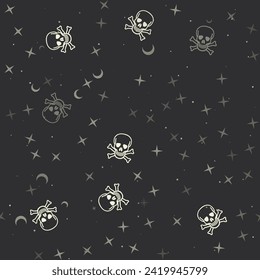 Seamless pattern with stars, skulls on black background. Night sky. Vector illustration on black background