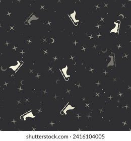 Seamless pattern with stars, sleigh symbols on black background. Night sky. Vector illustration on black background