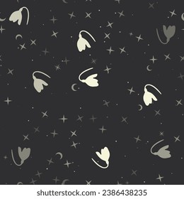 Seamless pattern with stars, snowdrops on black background. Night sky. Vector illustration on black background