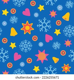 Seamless pattern with stars, snowflakes, bells and hearts on blue background. Colourful Christmas repeated pattern. For textile, wrapping paper, packaging.