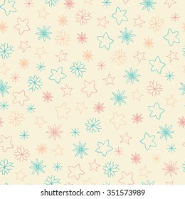 Seamless pattern of stars, snowflakes and flowers. Bright holiday vector illustration of hand drawn elements. Background for design textiles, postcards and other