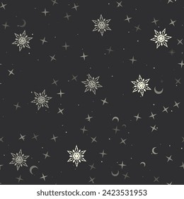 Seamless pattern with stars, snowflakes on black background. Night sky. Vector illustration on black background