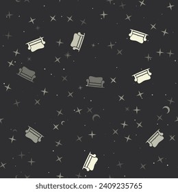Seamless pattern with stars, sofa symbols on black background. Night sky. Vector illustration on black background