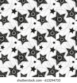 Seamless pattern. Stars with solar system. Symbol of trinity. Beauty, health, strength. Vector illustration with sacred geometry. Philosophy, spirituality, occultism, alchemy, death, magic. 
