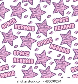 Seamless pattern with stars and "Space mermaid" text isolated on white background. Cute kawaii wallpaper. Popular trendy aesthetics. 
