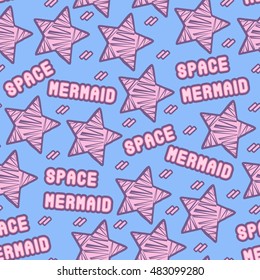 Seamless pattern with stars and "Space mermaid" text on blue background. Cute kawaii wallpaper. Popular trendy aesthetics. 