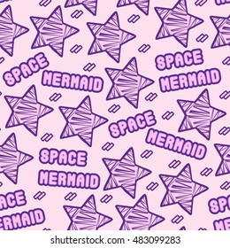 Seamless pattern with stars and "Space mermaid" text. Cute kawaii background. Popular trendy aesthetics. 