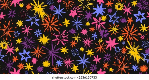 Seamless pattern with stars, sparkles, festive design elements. Different star shapes. Falling shiny stars.