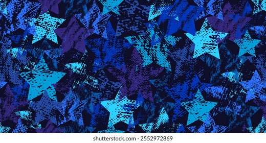 Patrón sin fisuras con estrellas, destellos, Elementos de diseño festivos. Diferentes Formas estelares. Textura grunge. 