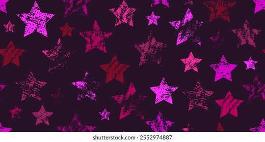 Nahtloses Muster mit Sternen, Funkeln, festlichen Gestaltungselementen. Verschiedene Sternenformen. Grunge-Textur. Rosa, violette Farben.