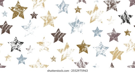 Patrón sin fisuras con estrellas, destellos, Elementos de diseño festivos. Diferentes Formas estelares. Textura grunge. 
