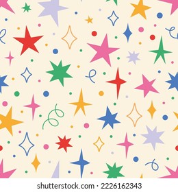 Seamless pattern with stars and sparks, cartoon style. Christmas, birthday print in vibrant colors on a light background. Trendy modern vector illustration, hand drawn, flat 