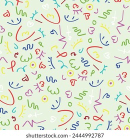 Seamless pattern with stars and sparks, cartoon style. Christmas, birthday print in vibrant colors on a light background. Trendy modern vector illustration
