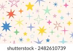 Seamless pattern with stars and sparks. Christmas, birthday design in vibrant colors on a light background. Trendy modern vector illustration. Cute hand drawn flat design