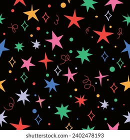 Seamless pattern with stars and sparks, Christmas, birthday print in vibrant colors on a light background. Trendy modern vector illustration