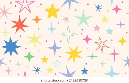 Seamless pattern with stars and sparks. Christmas, birthday design in vibrant colors on a light background. Trendy modern vector illustration. Cute hand drawn flat design