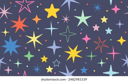 Seamless pattern with stars and sparks. Christmas, birthday design in vibrant colors on a dark background. Trendy modern vector illustration. Cute hand drawn flat design