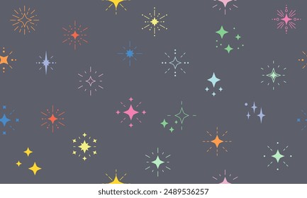 Seamless pattern with stars and sparks. Christmas, birthday design in vibrant colors on a light background. Trendy modern vector illustration. Cute hand drawn flat design