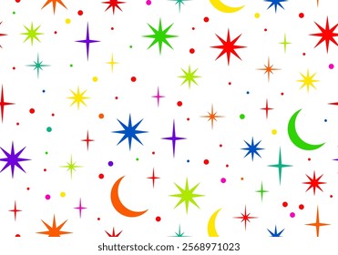 Seamless pattern with stars and sparks. Christmas, birthday design in vibrant colors on a light background. Trendy modern vector illustration. Cute hand drawn flat design