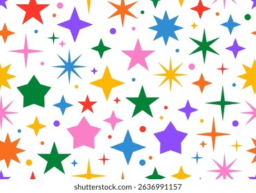 Seamless pattern with stars and sparks. Christmas, birthday design in vibrant colors on a light background. Trendy modern vector illustration. Cute hand drawn flat design