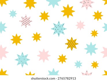 Seamless pattern with stars and sparks. Christmas, birthday design in vibrant colors on a light background. Trendy modern vector illustration. Cute hand drawn flat design