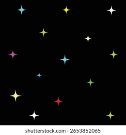 Seamless pattern with stars and sparks in vibrant colors on black background, perfect for Christmas, birthday, and festive design projects